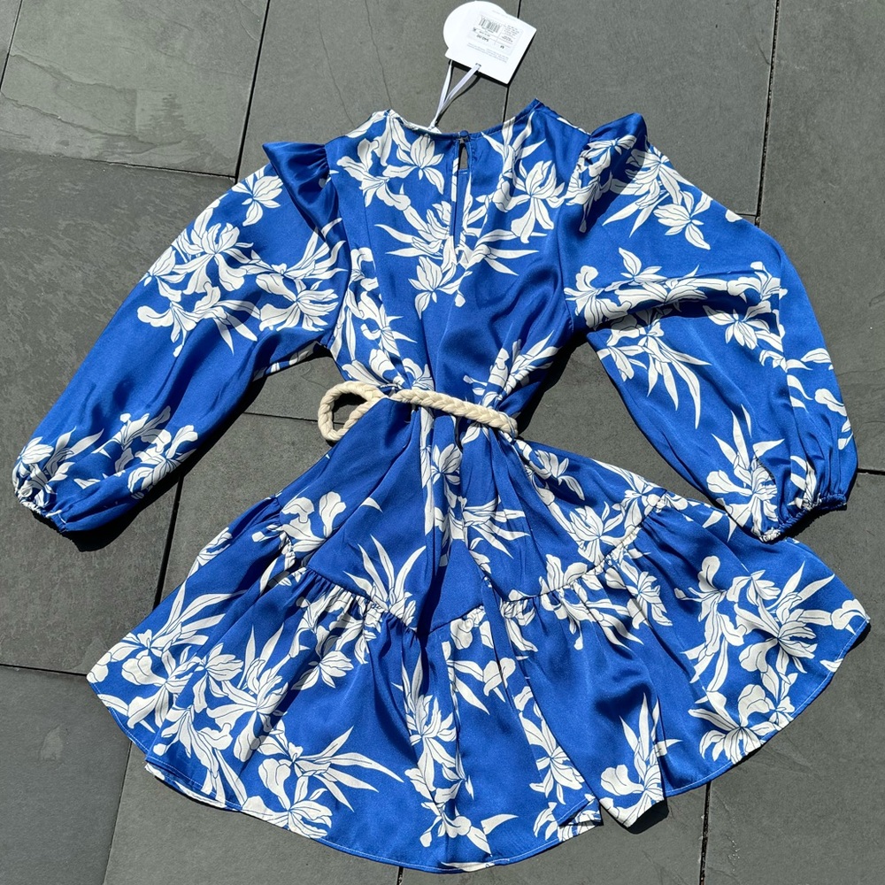 NWT ALEXIS Silky Blue Mini Dress Floral Print Long Balloon Sleeves Rope Tie Belt - Picture 3 of 4